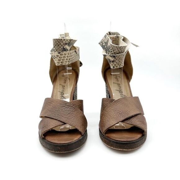 FREE PEOPLE Sancerre Platform Heels Size 38 Sandal Ankle Wrap Python Snakeskin - Picture 8 of 14